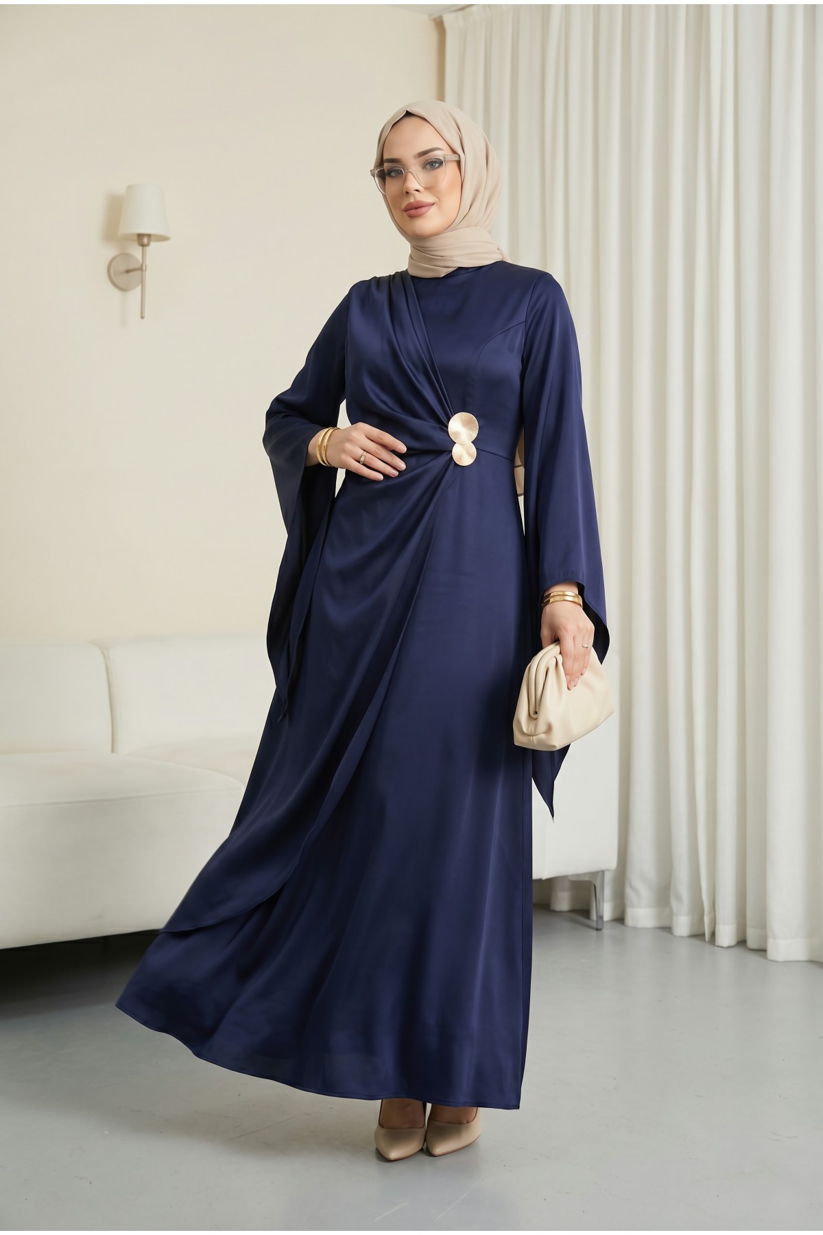 Buckle Detailed Double Front Asymmetrical Sleeve Satin Evening Dress -Navy blue