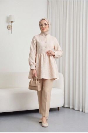 Front Stoned Button Detailed Pieced Back Zippered Tunic - Beige
