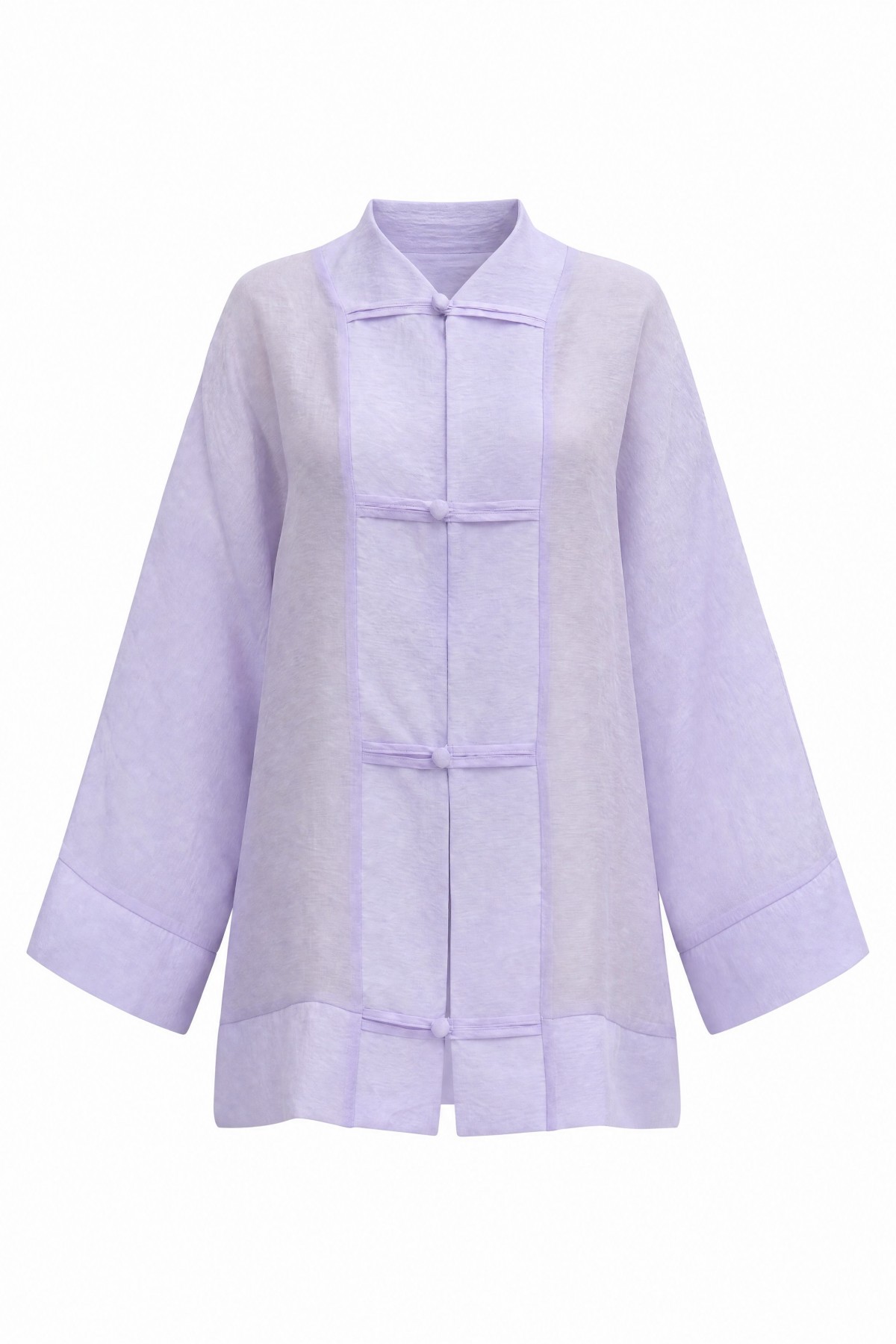 V-Neck Organza Voile Oversize Kimono with Piping Buttons -Lilac detay görseli