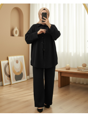 Gömlek Pantolon İkili Kadife Takım -Siyah