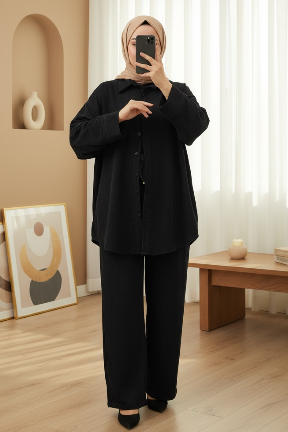 Shirt and Trousers Two-Piece Velvet Suit -Black