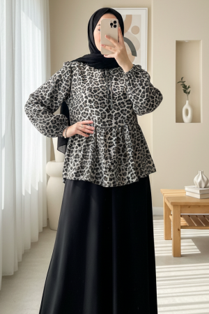 Kadın Desenli Uzun Kol Bluz 970 - Antrasit