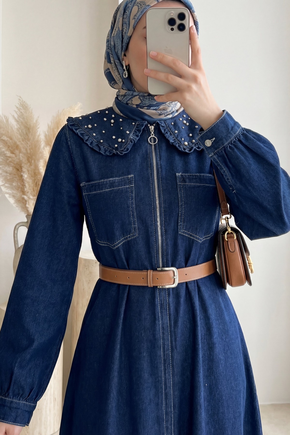 Peter Pan Collar Half-Zip Denim Dress with Pearl Details and Belt -Navy blue