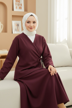 Önü Bağlamalı Etekli Kaşe Kimono Takım -Bordo