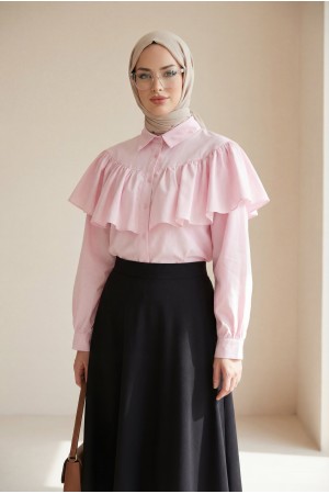 Önü Ve Omuzu Fırfır Detaylı Poplin Gömlek Bluz -Pembe