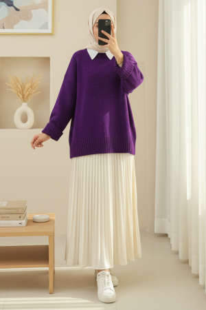 Crew Neck Skirted Ribbed Casual Knitwear Sweater        - Purple