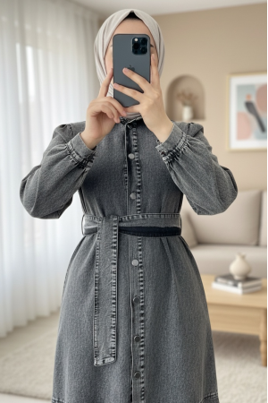 Buttoned Denim Dress with Ruffled Skirt  -Grey
