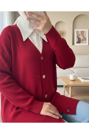 Buttoned Ribbed Knitwear Cardigan -Red