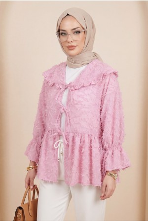 Önü Bağcıklı Tüylü Dokulu Clip Jakar Kimono -Pembe