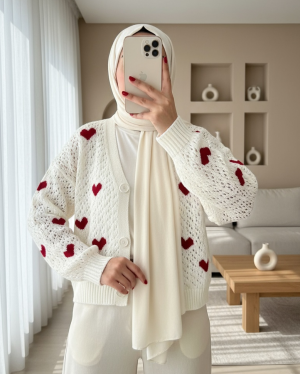 Heart Pattern Buttoned Openwork Knitwear Cardigan -Ecru
