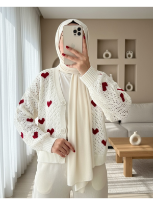 Kalp Desen Düğmeli Ajurlu Triko Hırka -Ekru