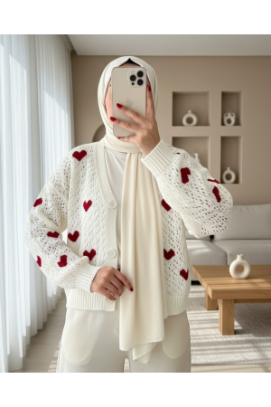 Heart Pattern Buttoned Openwork Knitwear Cardigan -Ecru