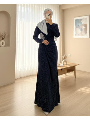 Önü Drapeli Taşlı Uzun Abiye -Laci