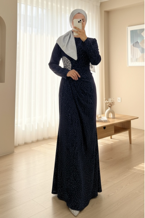 Önü Drapeli Taşlı Uzun Abiye -Laci