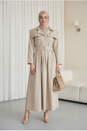 Yarım Düğmeli Yakalı Yan Cepli Kemerli Pamuk Saten Elbise  -Taş