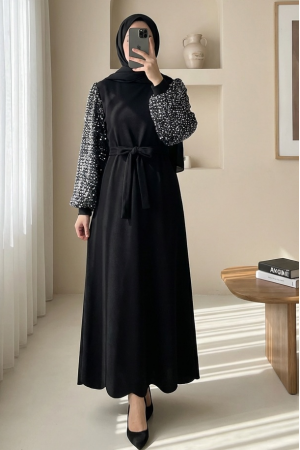 فستان من قماش الكريب الليكرا المستورد بأكمام وحزام مزينين بالترتر -فضة