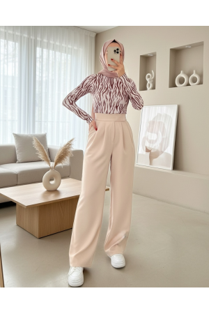 Belt Velcro Pleated Wide Leg Trousers - Beige