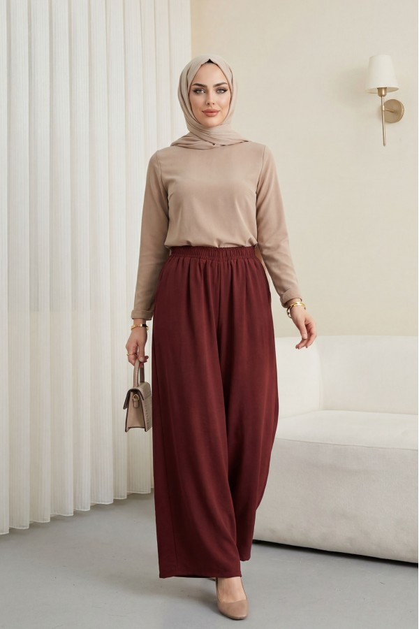 Modal Skirt Pants with Elastic Waist and Pockets -Maroon