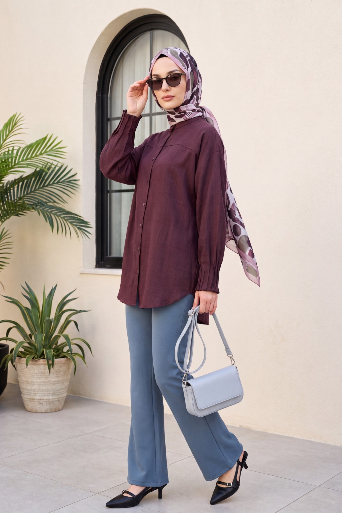 Sleeve Cuff Draped Oval Cut Shirt    -Damson