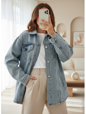 Button down Denim Jacket with Pockets -Ice Blue
