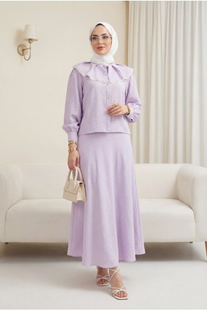Dantelli Marul Yaka Saf Keten Etekli Takım  -Lila