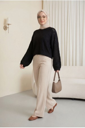 Yuvarlak Yaka Yarasa Kol Ajurlu Triko Kazak -Siyah
