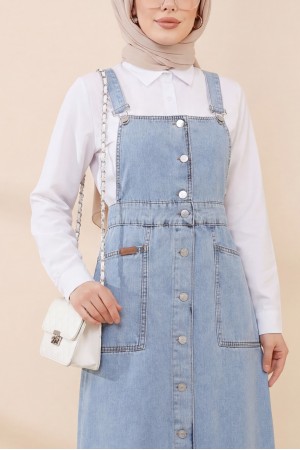 Boydan Düğmeli Çift Cepli Kot Salopet -Buz Mavi