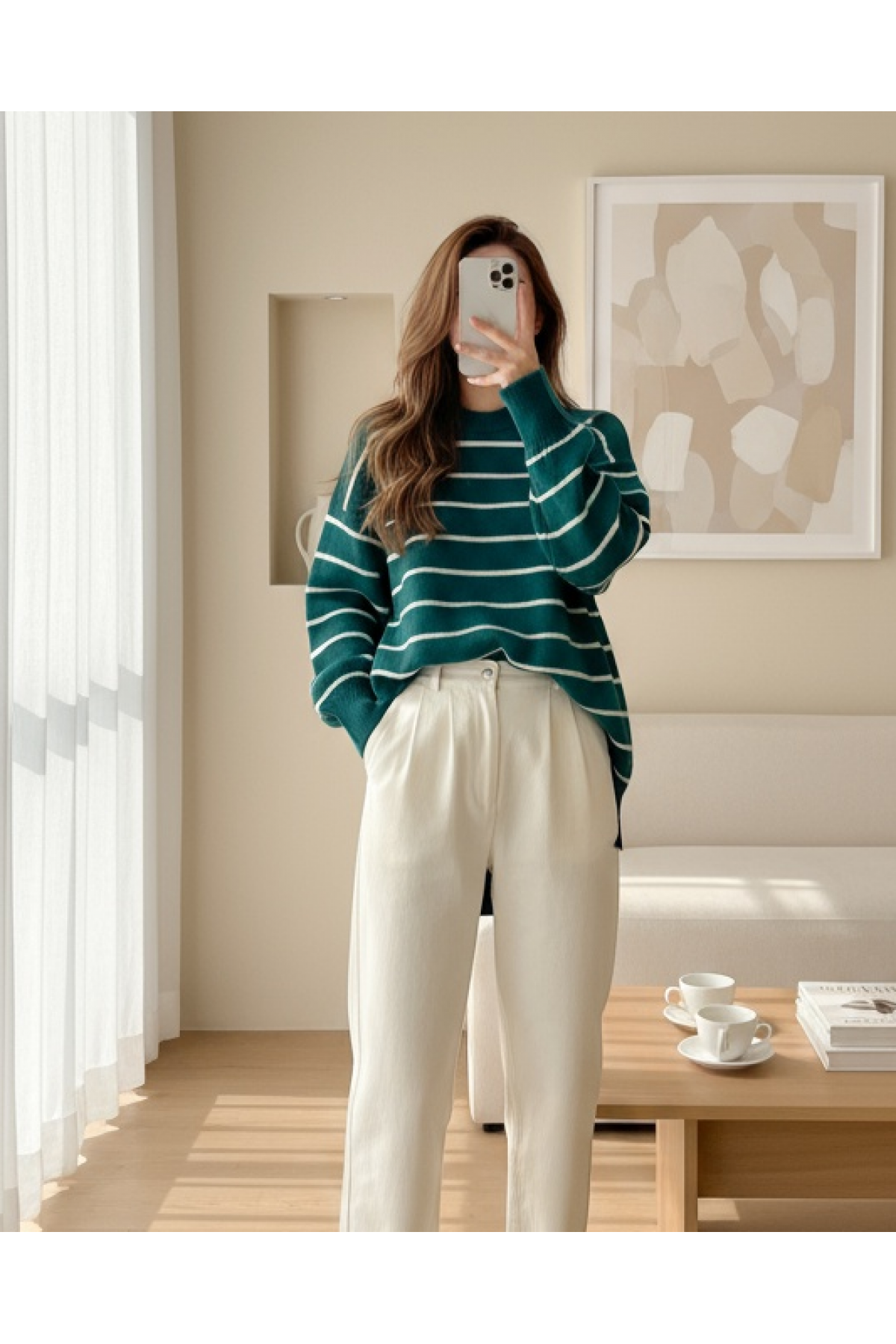 Thin Striped Slit Knit Tunic -Emerald