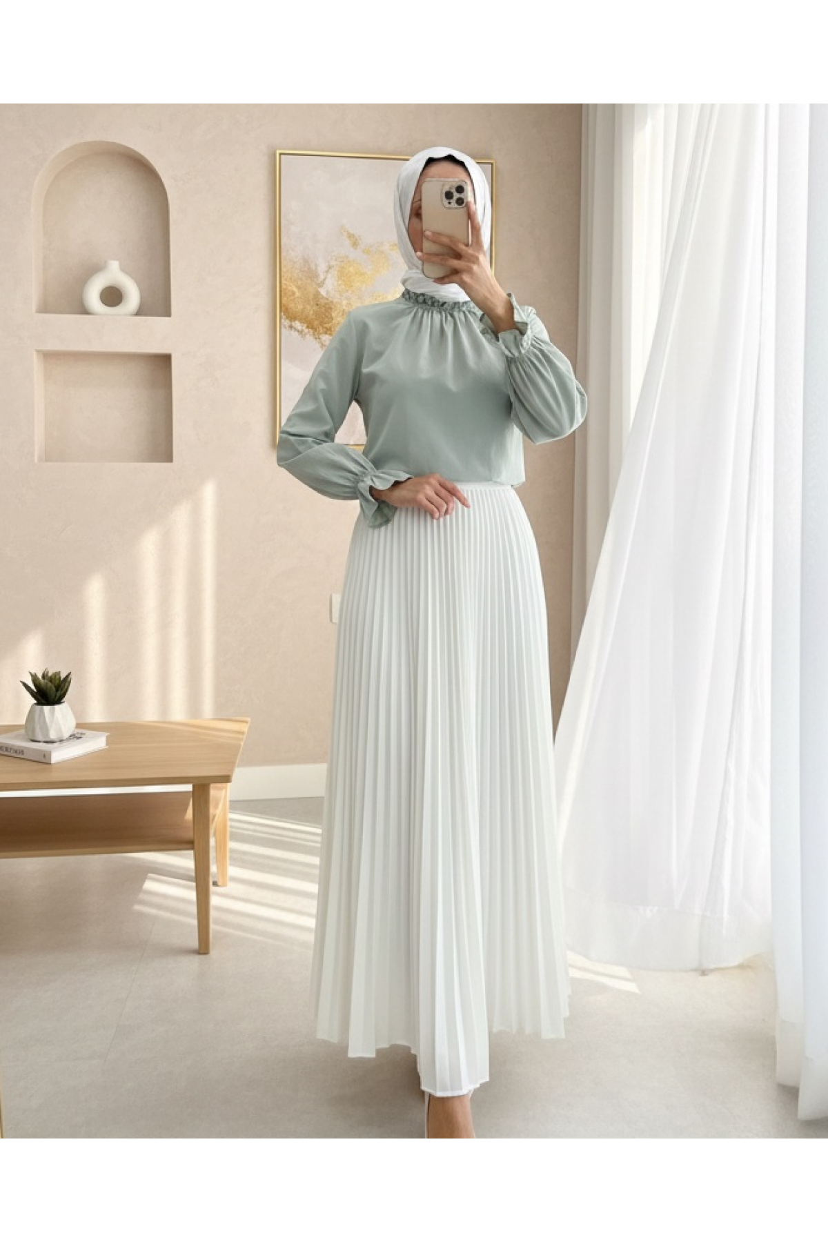 Pleated Collar Blouse    -Sea green