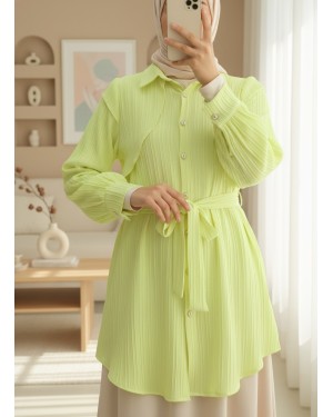 Shoulder Detailed Ribbed Crinkle Tunic with Tie Waist -Yellow