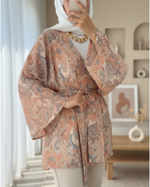 Etnik Desenli Bağcıklı Kimono -Yavruağzı