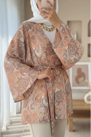 Etnik Desenli Bağcıklı Kimono -Yavruağzı