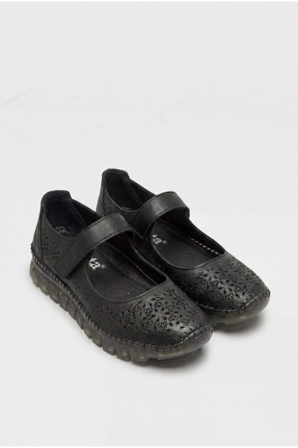 Sina Black Leather Velcro Ballet Flats