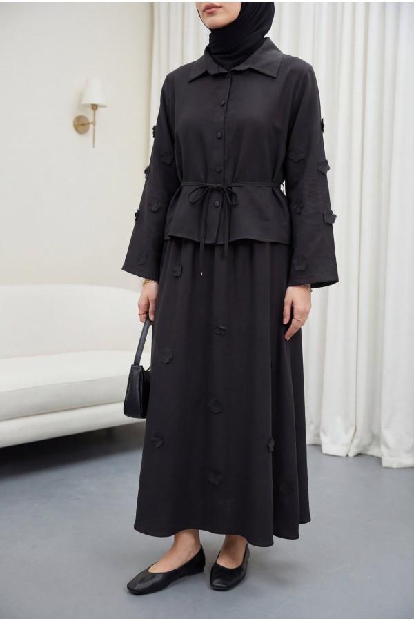 Two-piece Modal Shirt and Skirt Set with Floral Sleeves and Hem and Drawstring Waist. -Black