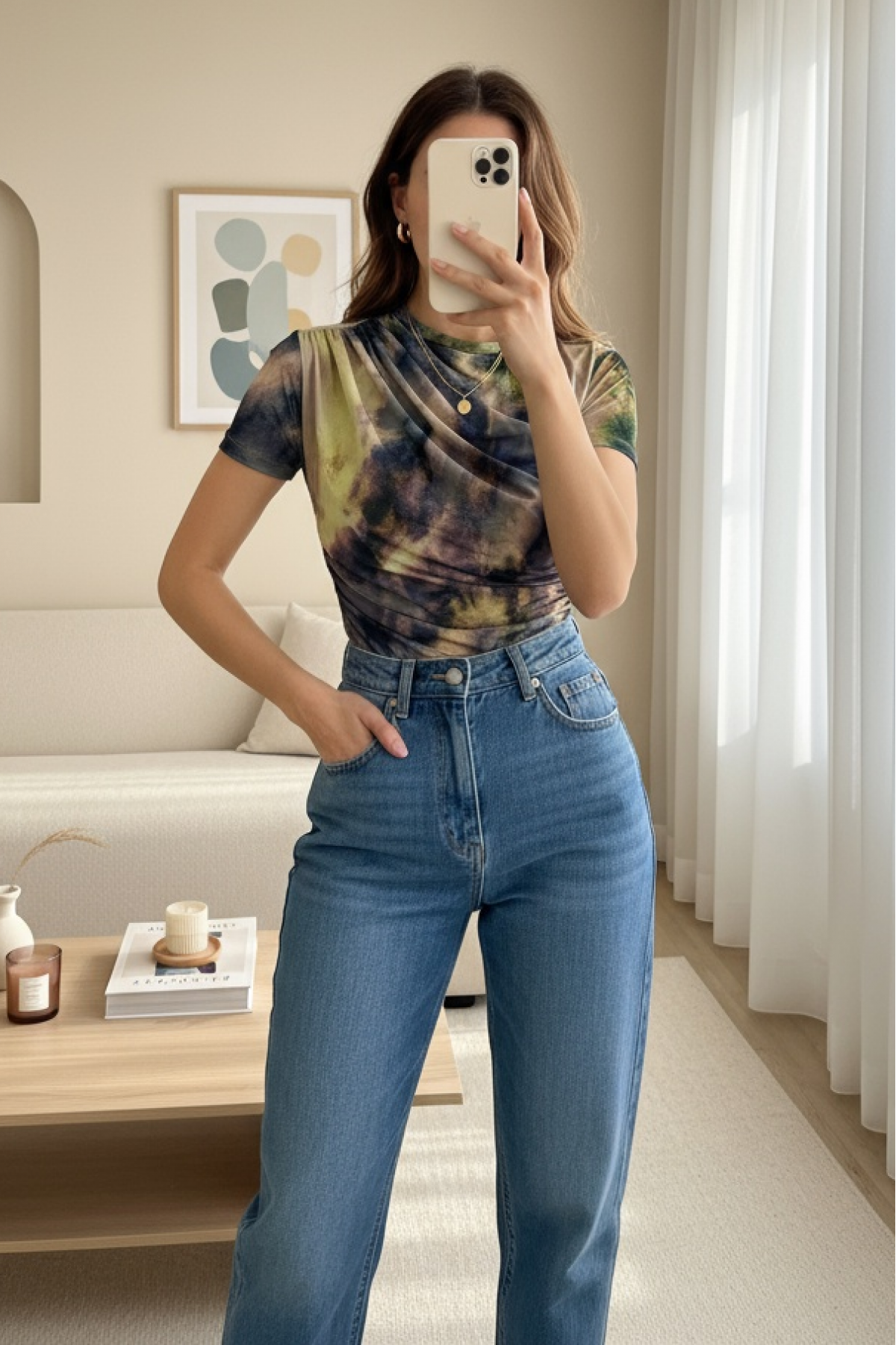 Waist Shoulder Gathered Batik Print Sendy Blouse   -Green