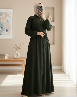 Medina Silk Abaya with Zippered Sleeves and Elastic Waist Belt-Khaki