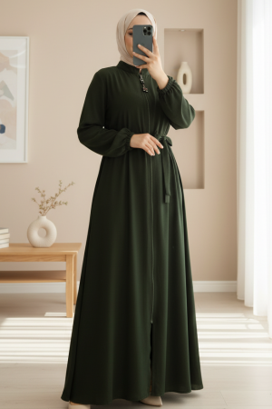 Fermuarlı Kolu Lastikli Beli Kemerli Medine İpeği  Ferace -Haki