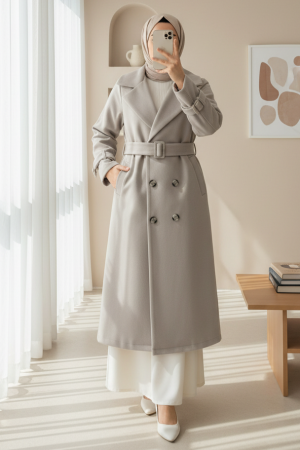 Önü Düğmeli Beli Ve Kolu Kemerli Cepli Astarlı Kaşe Kap  -Bej