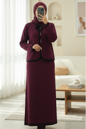 Bağcık Detaylı Şeritli Düğmeli Etekli Triko Takım -Bordo