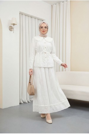 Bebe Yaka Bağcıklı Düğmeli Etekli Astarlı Keten Takım  -Beyaz
