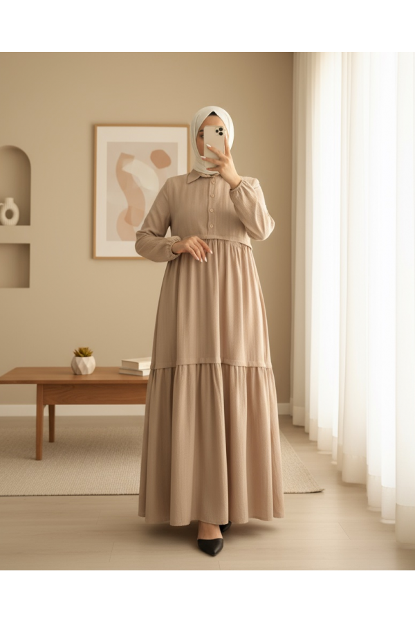 Partial Half Buttoned Sleeve Elastic Dress - Beige