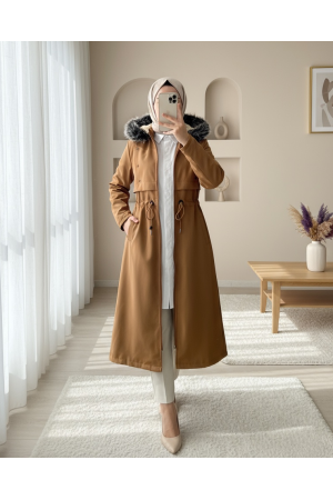 Metal Yıldız Detaylı Kapşonlu Uzun Kaban -Taba