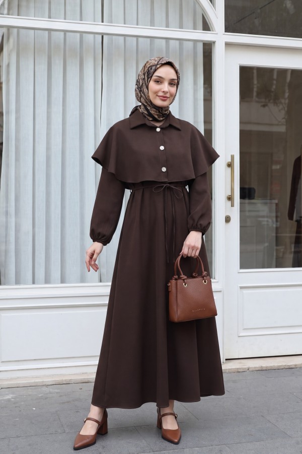 Crepe Dress with Collar, Cape Detail, Belt, and Elasticated Sleeves -Brown