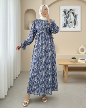Half Buttoned Waist Tied Patterned Dress -İndigo