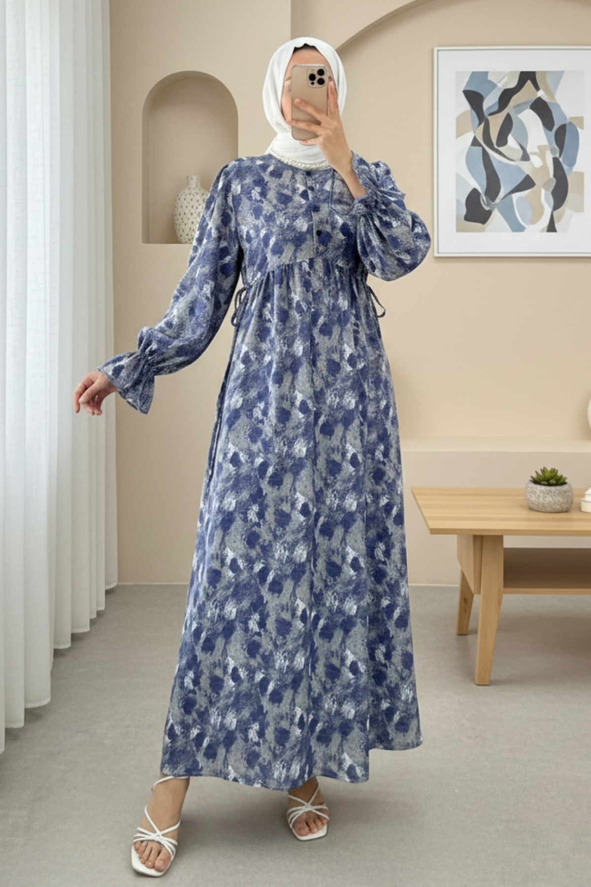 Half Buttoned Waist Tied Patterned Dress -İndigo