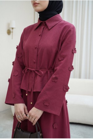 Kolları Ve Eteği Çiçekli Beli Bağcıklı Gömlek Etek İkili Modal Takım   -Mürdüm