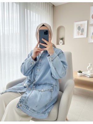 Yaka Ve Ceplerinde Taş İşlemel Kot Ceket -Buz Mavi