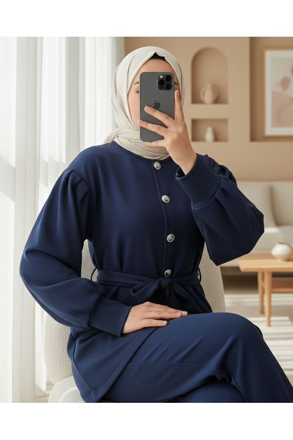 Scuba Suit with Belted Waist and Buttoned Front Trousers -Navy blue