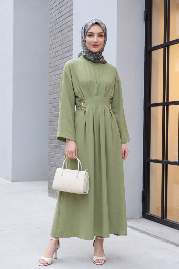Pleated Modal Dress with Belt and Buckle Detail   -Olive