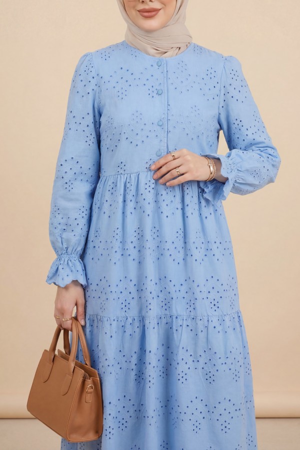 Half-Buttoned Lace Detail Waist Dress -Blue